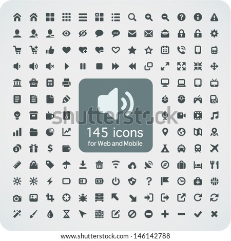 Set of 145 quality icons for Web and Mobile. Fitted to the pixel grid 16x16. Media, computers, shopping, travel, business, navigation, service