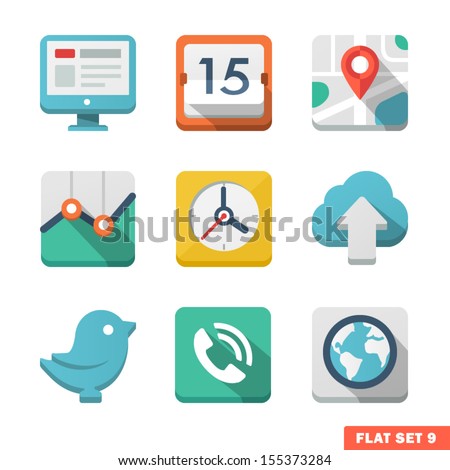 Universal Flat icon set. News, contacts, analitycs and communications.