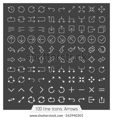 100 line icon set - Arrows. Dark version.