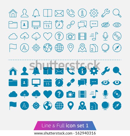 Universal Basic set 1. Trendy thin icons for web and mobile. Line and full versions.