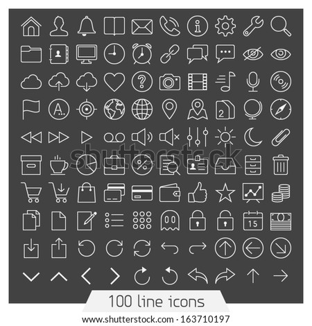 100 line icon set. Trendy thin and simple icons for Web and Mobile. Dark version