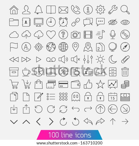100 line icon set. Trendy thin and simple icons for Web and Mobile. Light version