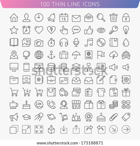 100 thin line icons for Web and Mobile. Light version. 