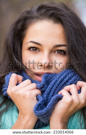 portrait beautiful woman scarf cold