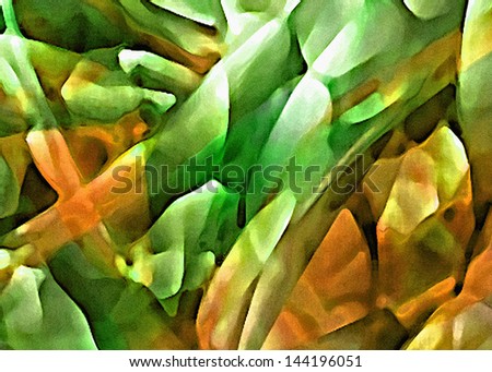 Digital technique abstract style artwork in green and orange colors.