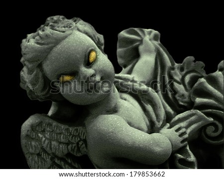 Manipulated marble sculpture of an angel with an evil expression against black background