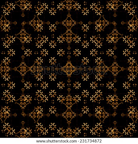Luxury abstract arabesque pattern with ornate motifs in orange tones and black background.