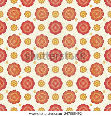Beautiful digital technique collage vintage grunge pattern with geometic style flowers illustration in warm colors and white background