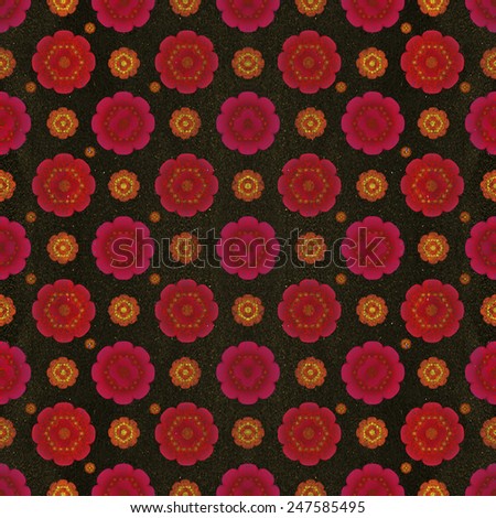 Beautiful digital technique collage vintage grunge pattern with geometic style flowers illustration in warm colors and white background