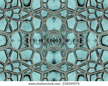 Futuristic style abstract arabesque geometric motif pattern digital collage technique in turquoise and black tones.