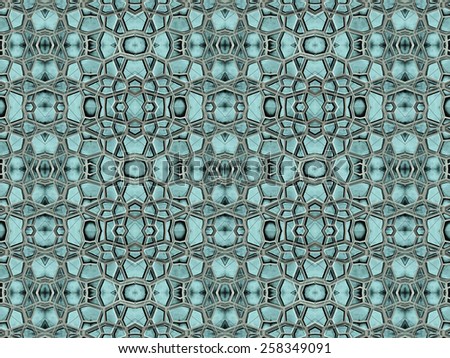 Futuristic style abstract arabesque geometric motif pattern digital collage technique in turquoise and black tones.