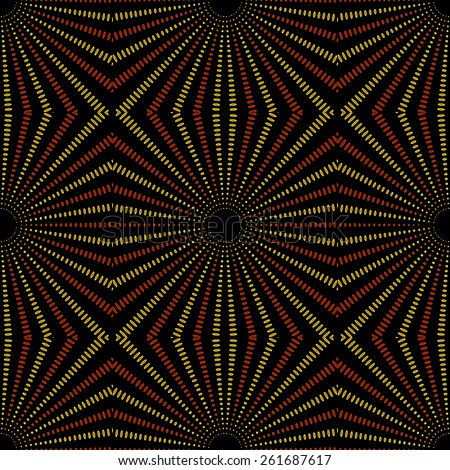 Tribal or ethnic digital style technique abstract artwork with geometric shapes motif pattern in dull warm colors and black background.