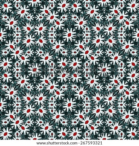 Digital style collage technique beautiful and unique geometric flowers motif seamless pattern background in red, green and white colors.