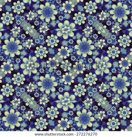 Digital collage technique modern floral print motif geometric pattern design in blue and cyan colors