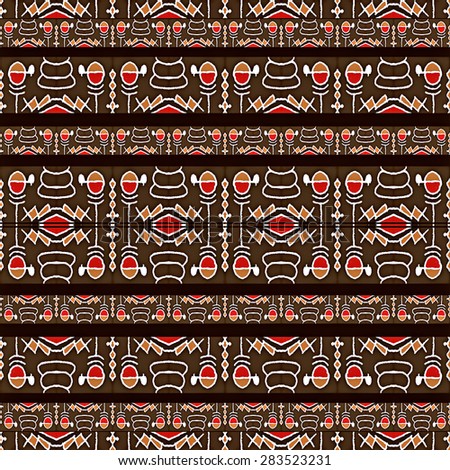 Tribal or ethnic mixed media style geometric abstract symbol seamless pattern in vivid warm colors.