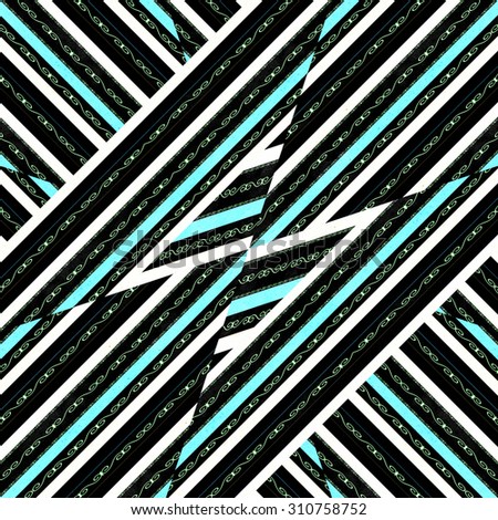 Digital technique geometric ornate abstract stripe complex pattern turquoise and white against black background.