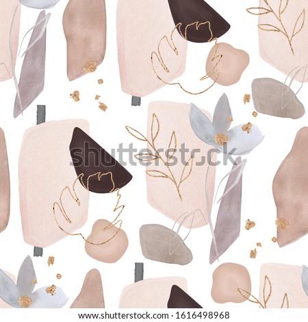 Abstract nordic print with geometric, gold  shapes, flower and leaves on white background. Watercolor seamless pattern. Hand drawn marble illustration. Mixed media art