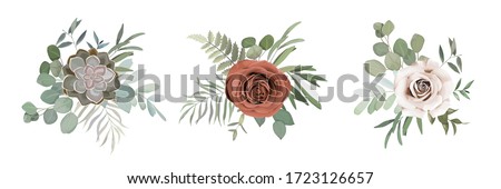 Floral set with roses, cactus, greenery, herbs and eucaluptys branches for wedding bouquets, cards, designs. Vector illustration