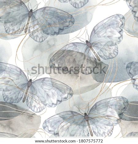 Abstract vintage print with butterflies, shapes and golden lines on white background. Watercolor seamless pattern. Hand drawn marble illustration. Mixed media art