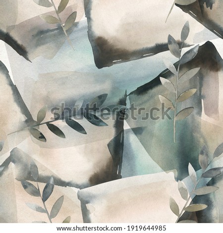 Abstract nordic print with geometric shapes and floral branches. Watercolor seamless pattern. Hand drawn marble illustration. Mixed media art