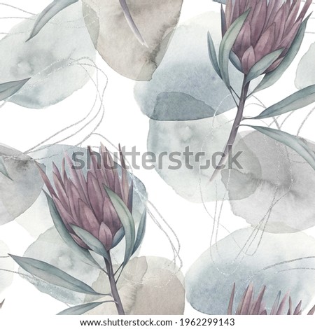 Abstract nordic print with geometric shapes, protea flower and silver elements on white background. Watercolor seamless pattern. Hand drawn  illustration. Mixed media art