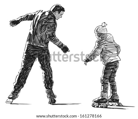 Father and daughter on roller skates