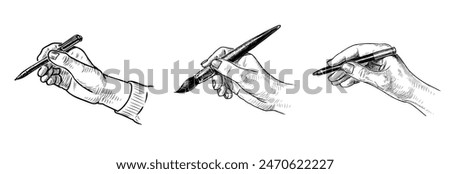 Human hands holding pen, brush, pencil, writing instrument, write, draw, sketch realistic, vector hand drawing isoated on white