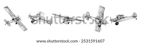 Sketches of retro airplanes in flight, realistic hand drawing, vector illustration isolated on white
