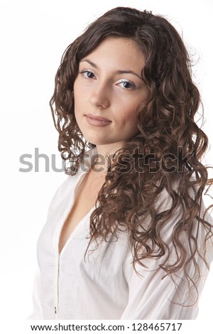 Pretty Girl With Long Brown Hair Portrait Isolated White Stock Photo ...