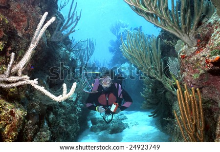 Female underwater photographer glides along through one of the distinctive spur and groove systems of coral in Roatan, Bay Islands, Honduras