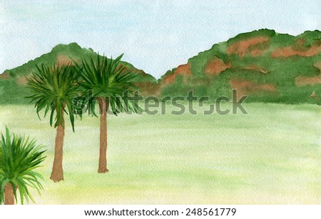 Palm trees on a background of mountains.Watercolor