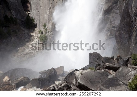 Yosemite National Park, CA/ Yosemite falls/ Only after a heavy rain will Yosemite falls drop to all three tiers and send rushing water down the Merced River on the Valley Floor.