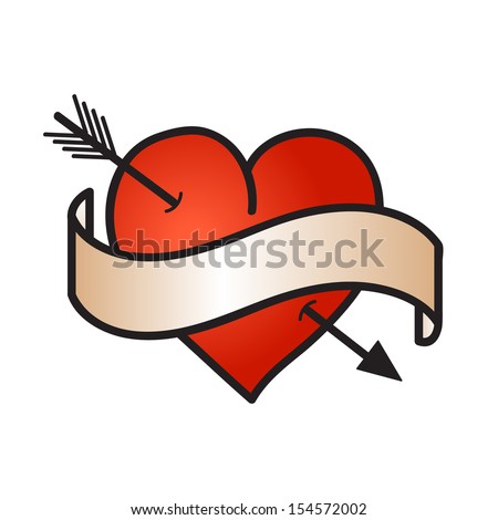 Love symbol - red heart. Red heart with ribbon. Heart with arrow. Place for text. Cartoon-style vector illustration.