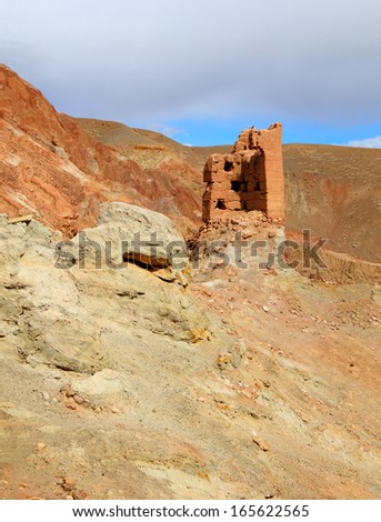 Amazing scenic view - lonely ruined tower of ancient Basgo fortress against the background of rugged mountain range and blue sky, Leh district, Ladakh, Himalaya, Jammu & Kashmir, Northern India