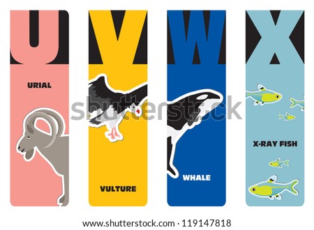 bookmarks - animal alphabet U for urial, V for vulture, W for whale, X for x-ray fish