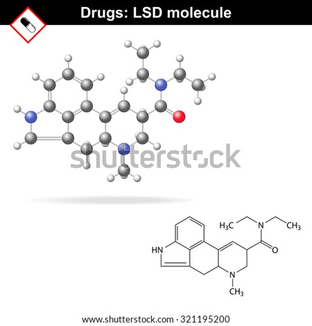 LSD molecule and model – synthetic hallucinogen, chemical molecular structure, 2d and 3d vector, isolated on white background, eps 8