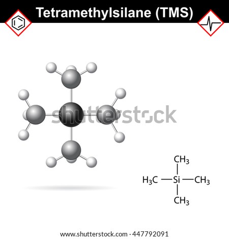 Tetramethylsilane - TMS structure, internal standard for proton magnetic resonance analysis, 2d and 3d illustration, vector, eps 8