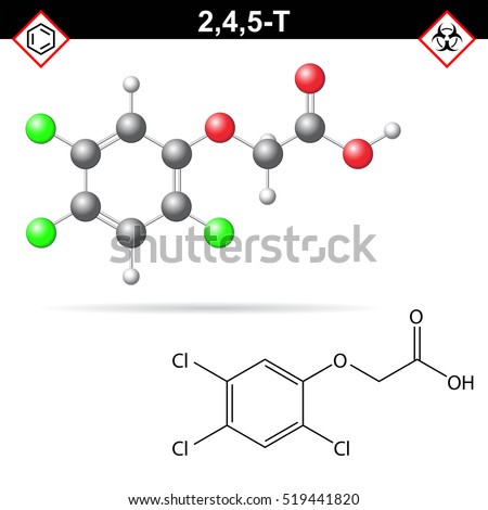 2,4,5-T chemical structure, 2,4,5- trichlorophenoxyacetic acid, widely used herbicide, agent Orange in Vietnam, 3d chemical vector illustration, isolated on white background, eps 10