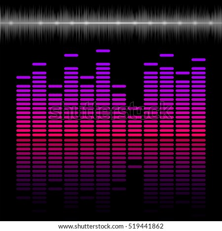 Eq bar, equalizer colorful scale with reflection, sound and music concept, 2d vector illustration on dark background, eps 10