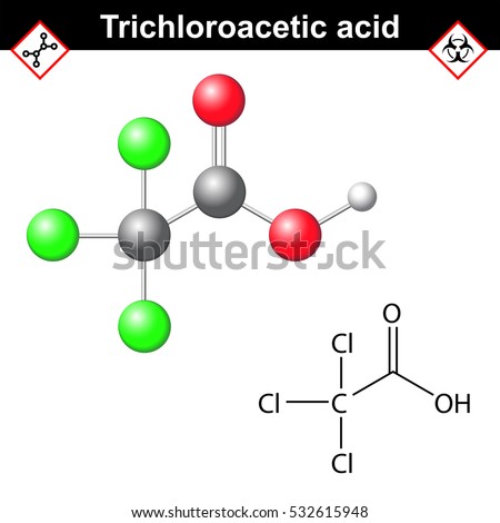 Trichloroacetic acid molecule, 2d and 3d vector illustration, isolated on white background, eps 10