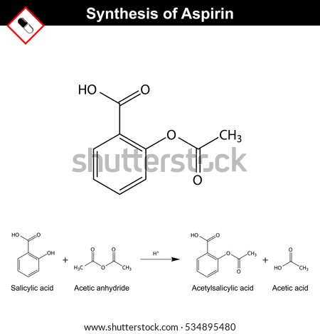 Synthesis of acetylsalicylic acid, aspirin chemical formula, the chemical reaction of acetylation, 2d vector illustration, isolated on white background, eps 8