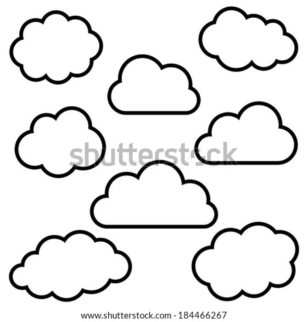 Various black cloud outlines collection on white background