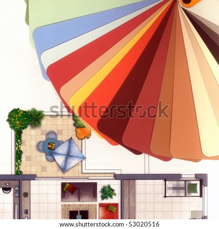 Fashionable colors of paint  isolated on a white background and fragment  of colorful apartment plan pattern with furniture.