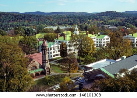 Elevated view of the campus at Dartmouth College, Hanover, New Hampshire showing dorms and church. Dartmouth is one of the top ten Ivy League colleges in the USA.