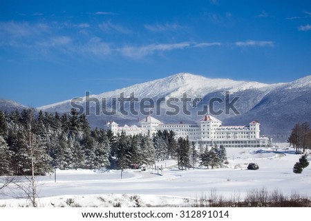 Bretton Woods, New Hampshire, United States - January 31, 2015: Facade of the majestic Mount Washington Hotel located at the base of Mount Washington in the White Mountains of New Hampshire, USA..
