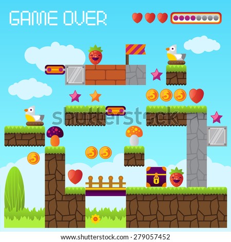 Video platform game interface design elements. Vector background and different blocks to construct your own game level. Vintage style game design. Day level. Mobile game. Pixel game