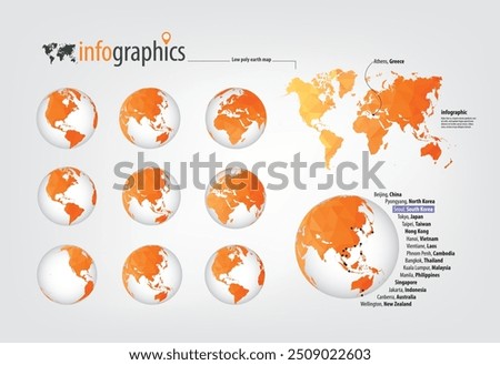 Earth globe 3D. Polygonal triangle effect. World map, all continents