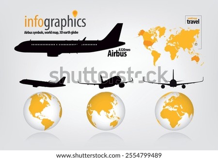 3D earth globe. World map and airbus A320 neo symbols.