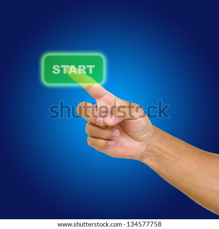 Hand with finger touch start button, on a blue background