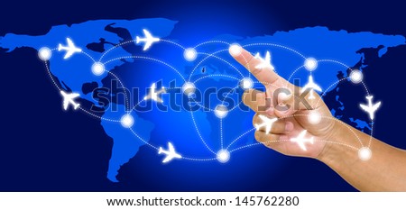 Hand point on airline route with world map background